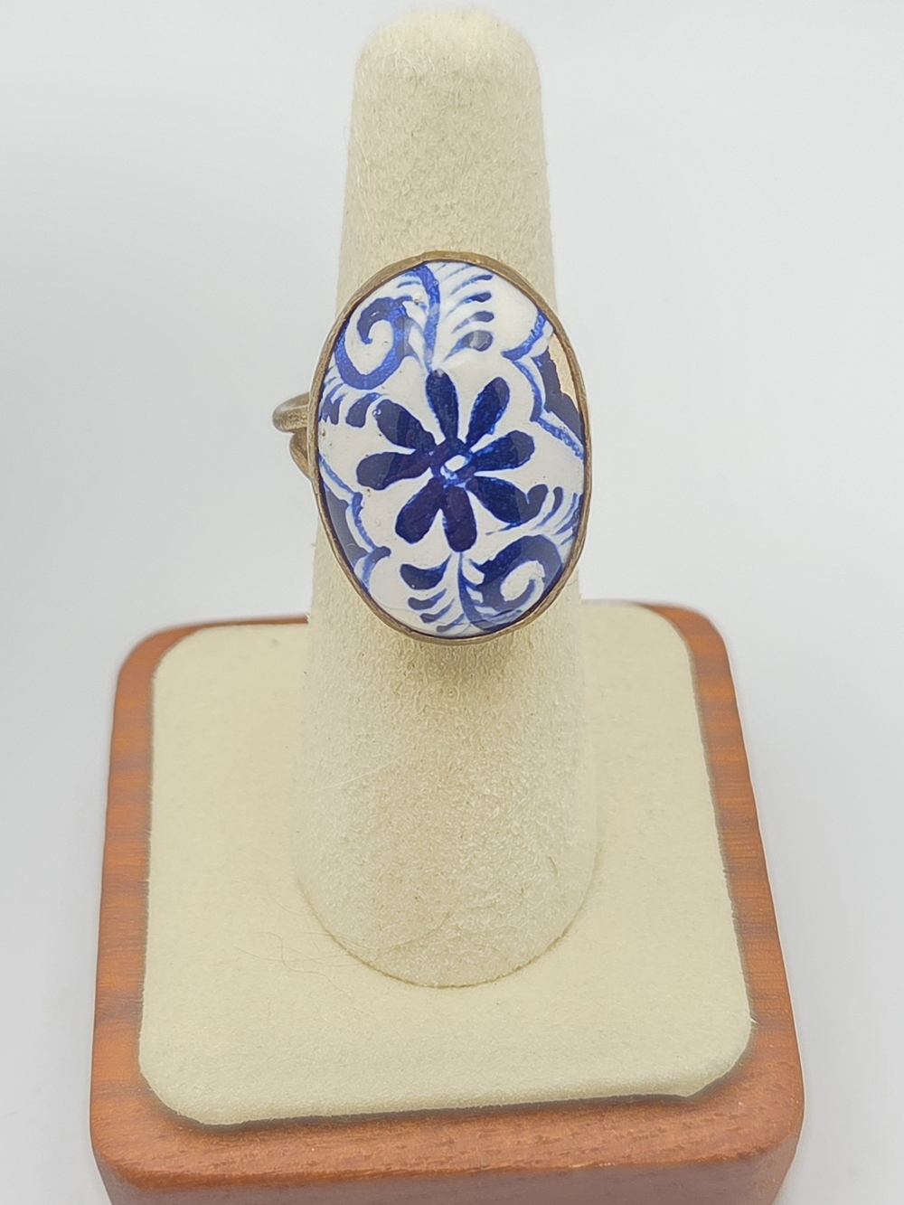 Vintage Blue White Ceramic Tile Oval Statement Ring Brass Adjustable 5-7